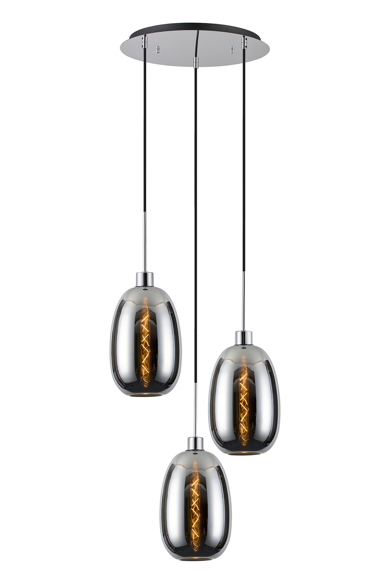 DK1268  Lori 40cm Round Pendant, 3 Light Adjustable E27, Polished Chrome/Chrome Slim Curved Trapezium Shades